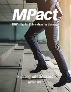 MPact winter 2017 cover photo of man running up stairs