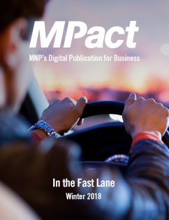 MPact winter 2018 cover photo of person driving car in the fast lane