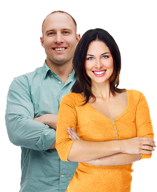 Confident man and woman smiling out of debt 
